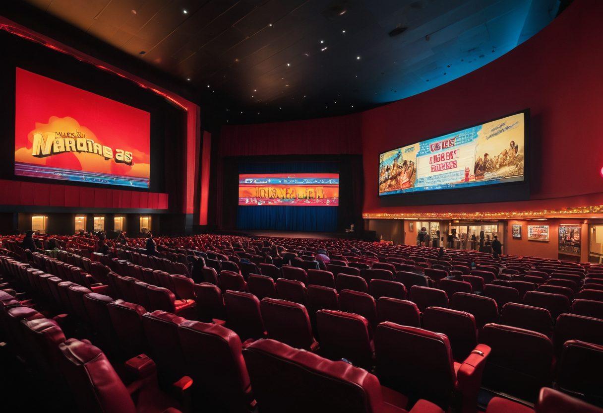 A bustling Cinemark theater with a vibrant marquee displaying 'Matinees, Showings, Feature Films' in bold letters. Enthusiastic patrons holding popcorn and tickets, some glancing at movie posters of various genres like action, romance, and sci-fi. Inside, see rows of comfortable seats and the glow of the big screen with an iconic movie scene playing. super-realistic. vibrant colors. immersive.