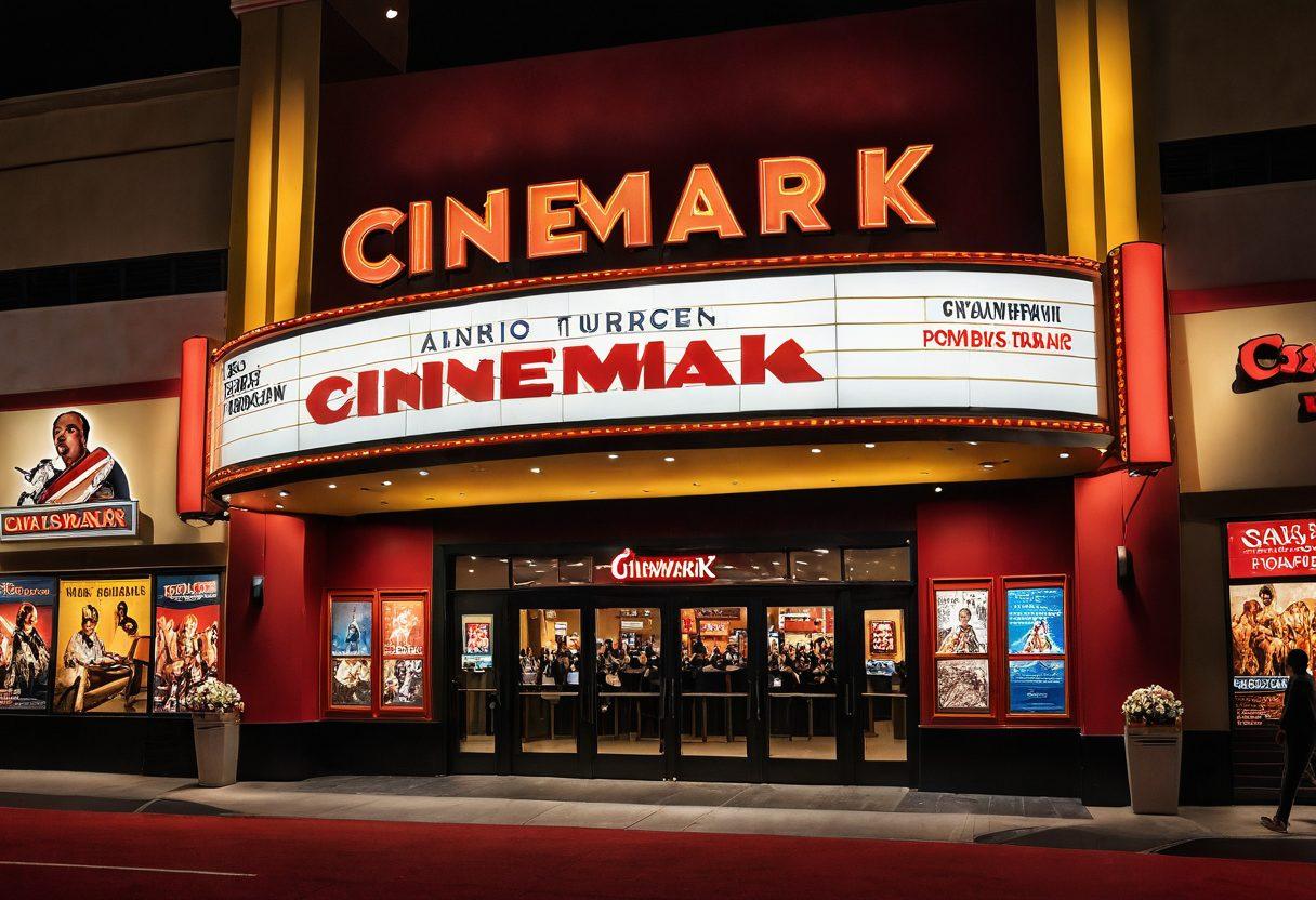 A bustling Cinemark theater facade with a marquee showcasing diverse movie posters old and new, with families and movie-goers eagerly lined up at the entrance. Inside, a lavish lobby with immersive movie posters, popcorn stands, and an exclusive screening room with plush seats, highlighted by a glowing, enchanting atmosphere. Super-realistic. Vibrant colors. Cinematic lighting.