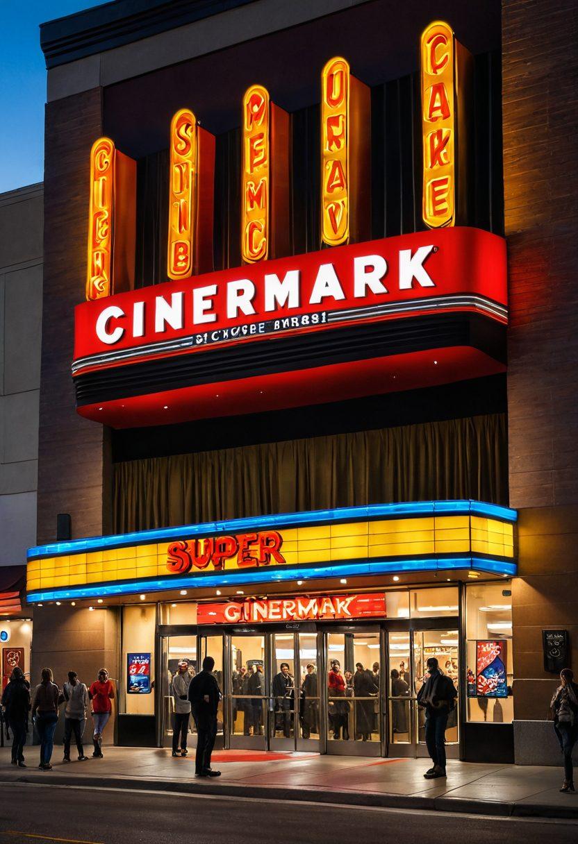 An inviting movie theater entrance with a bright, illuminated Cinemark sign above. People are eagerly lined up at box offices, checking showtimes on large digital screens. The marquee displays multiple blockbuster titles in vibrant lettering. Inside, a snapshot of a modern theater with cozy seats and a giant screen playing an action-packed movie scene. super-realistic. vibrant colors. white background.